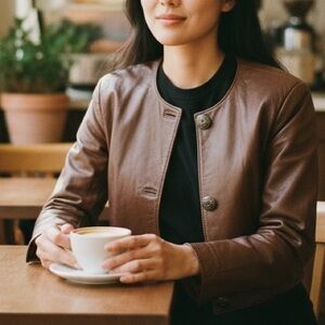 Women’s Bronze-Brown Leather Collarless Jacket with Decorative Buttons